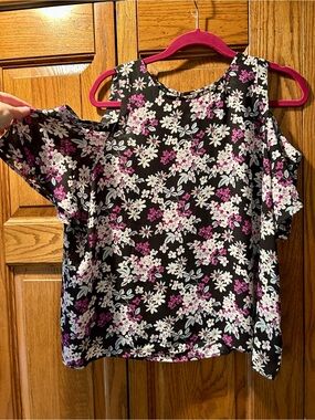 Express Black Cold-Shoulder Floral Top with Pink & White Blooms